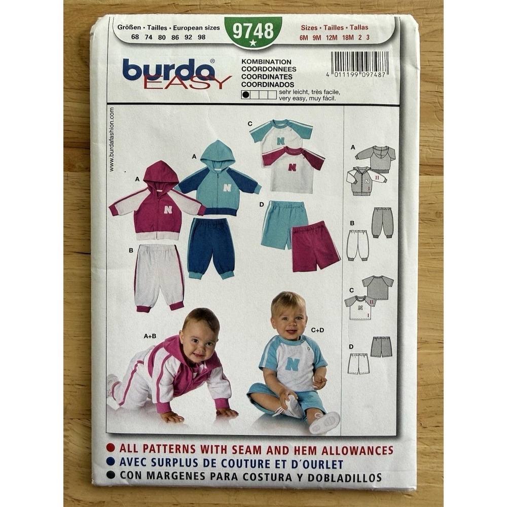 Burda PATTERN 9748 Baby Varsity Jacket Sweatsuit Sweatpants Toddler Size 6M-3 UC